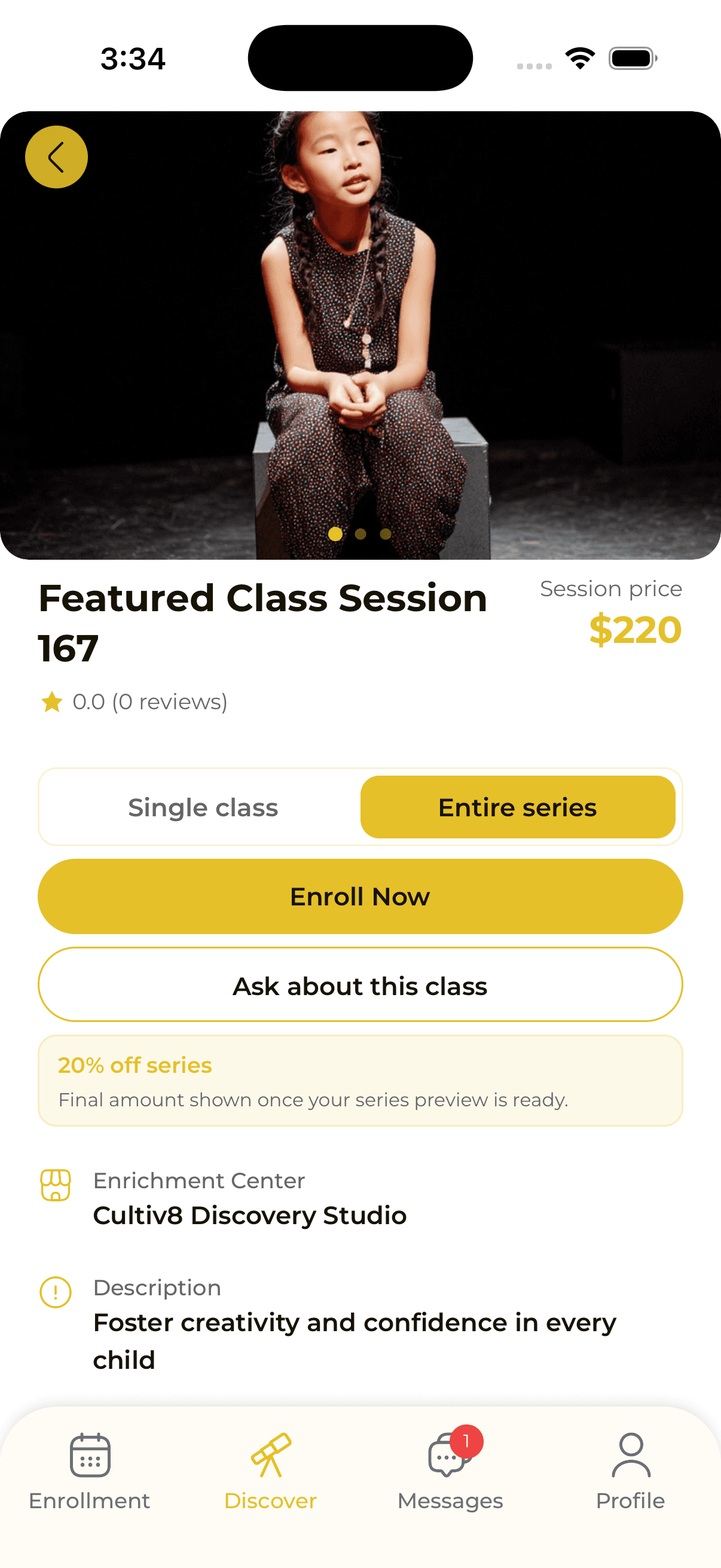 Parent app view of a class detail page with enrolment and pricing