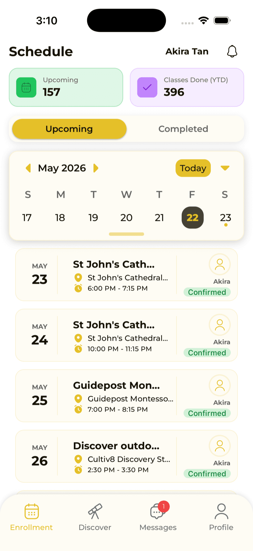 Class schedule and booking tracker with upcoming sessions and slots.
