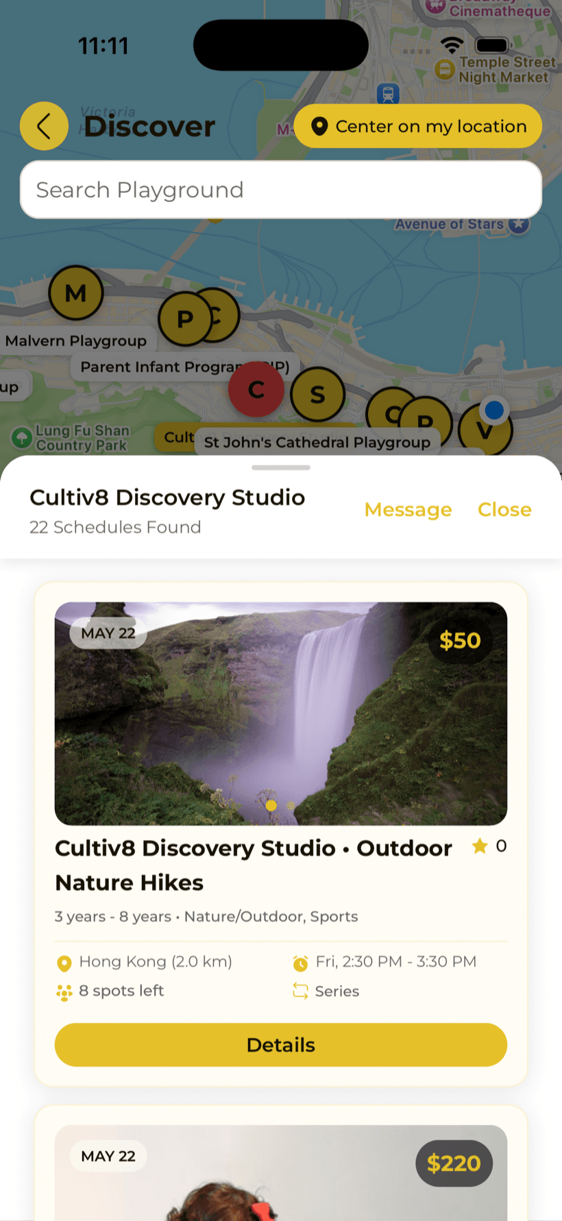 Cultiv8 map view showing nearby children's classes and activities as pins across the city.